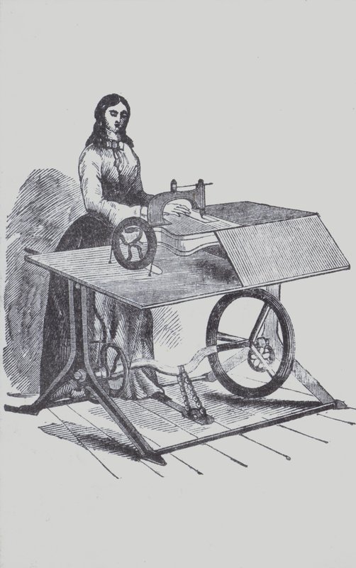 Kvinne som bruker en symaskin (litho) av European School