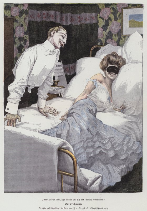 Mann snakker med en maskert kvinne i sengen, 1905 av Ferdinand von Reznicek