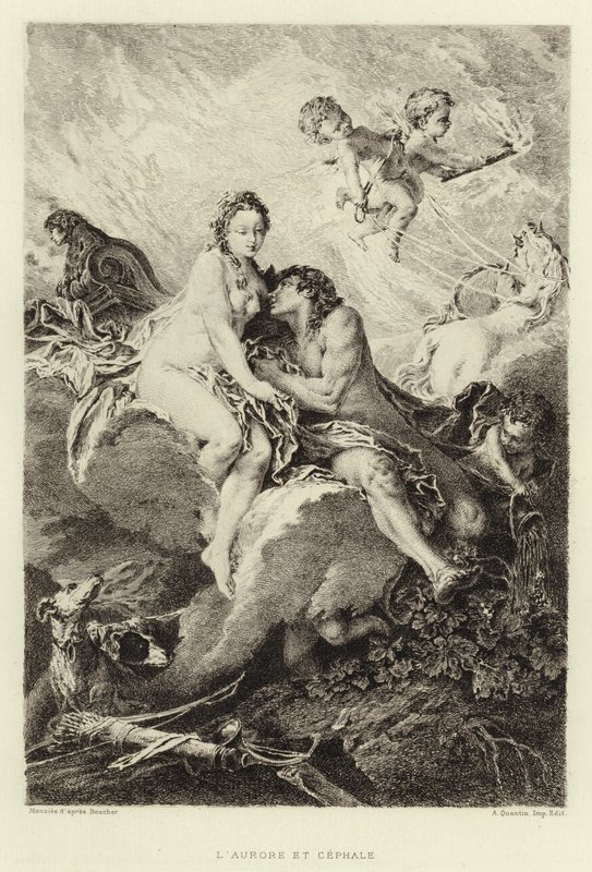Aurora og Cephalus (gravering) av Francois (after) Boucher