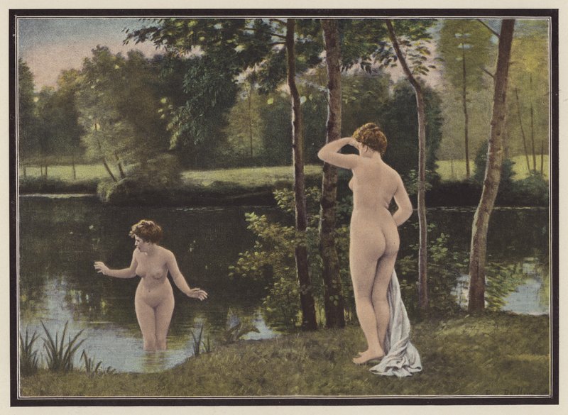 Badegjestene (farge litho) av Francois Eugene Brillaud