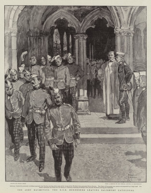 Hærens manøvrer, KOS Borderers forlater Salisbury Cathedral av Frank Craig