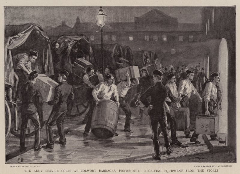 Army Service Corps ved Colwort Barracks, Portsmouth, mottar utstyr fra butikkene av Frank Dadd