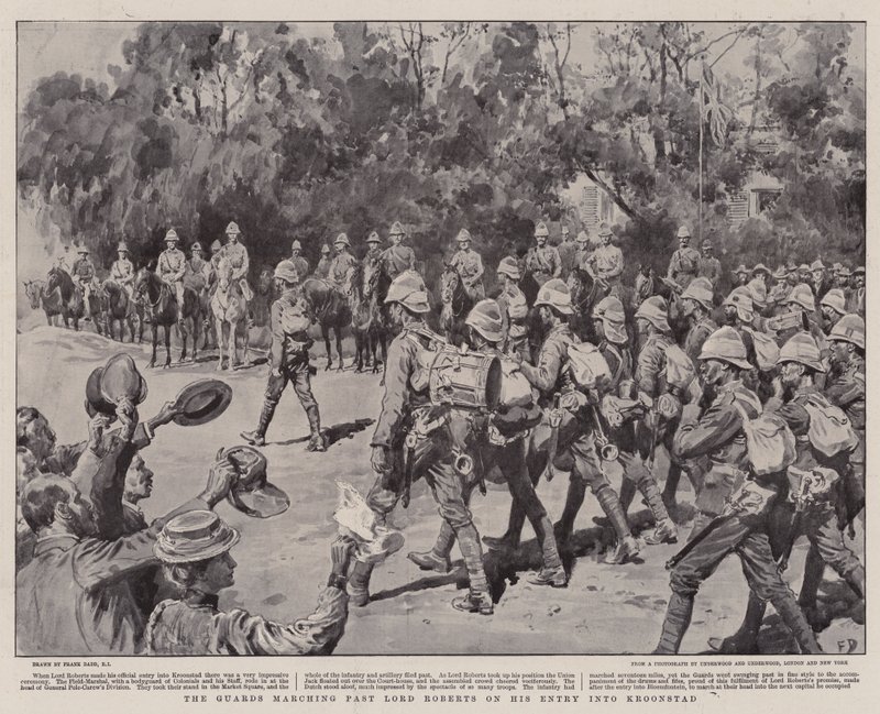 Vaktene marsjerer forbi Lord Roberts ved hans inntog i Kroonstad av Frank Dadd