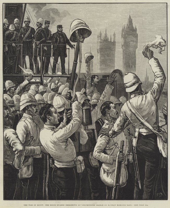 Krigen i Egypt, de skotske vaktene går om bord på Westminster Bridge søndag morgen sist av Frank Dadd