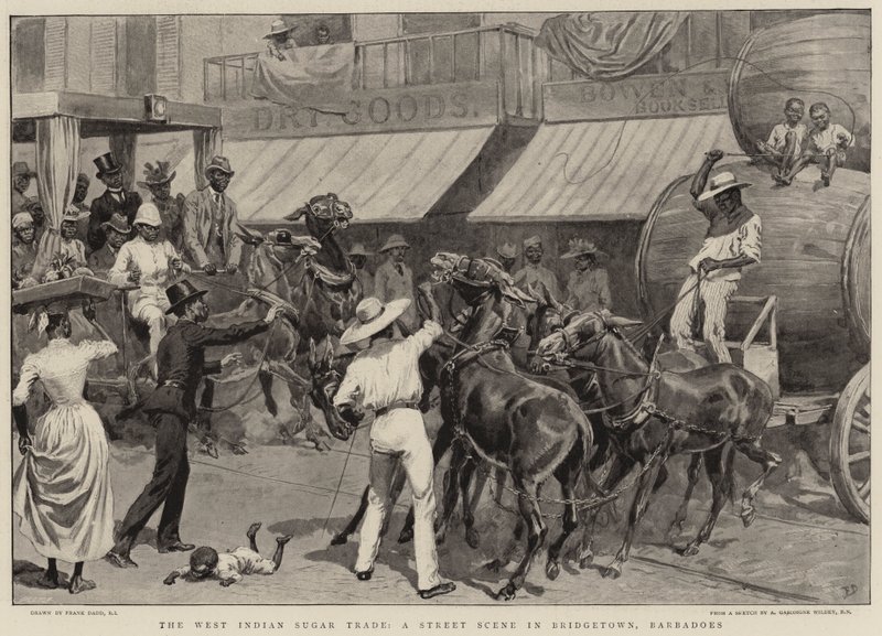 The West Indian Sugar Trade, en gatescene i Bridgetown, Barbados av Frank Dadd