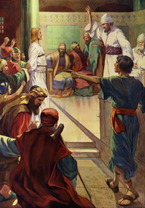 Jesus før Kaifas (farge litho) av Frank Adams