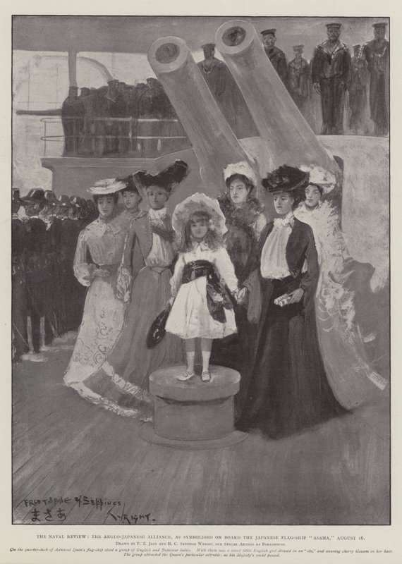 Naval Review, den anglo-japanske alliansen, som symbolisert om bord på det japanske flaggskipet Asama, 16. august av Fred T. Jane