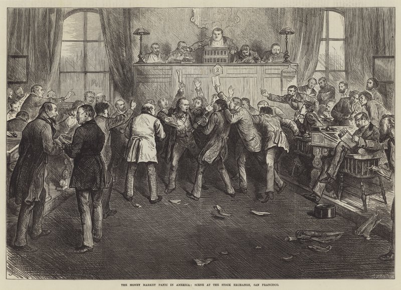 Pengemarkedspanikken i Amerika, scene på børsen, San Francisco av Frederick Barnard