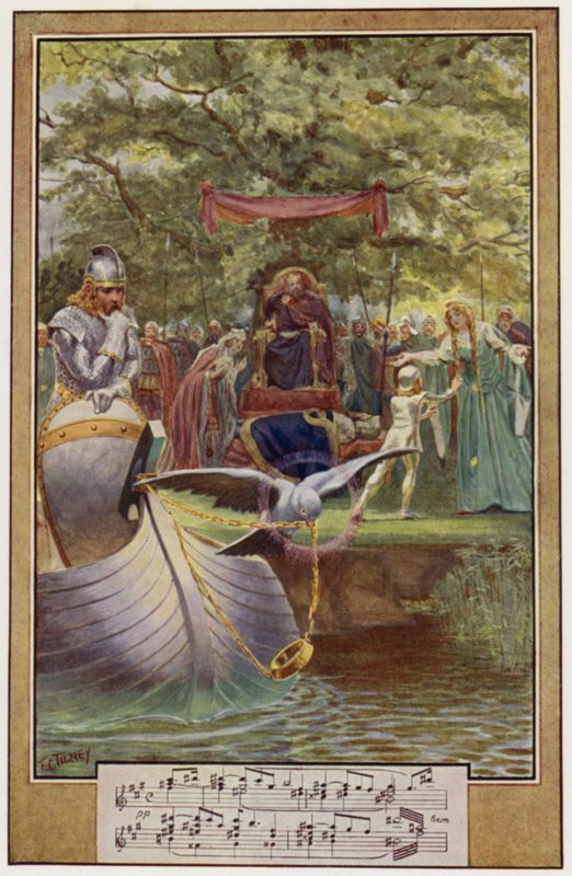 The Departure of Lohengrin (farge litho) av Frederick Colin Tilney