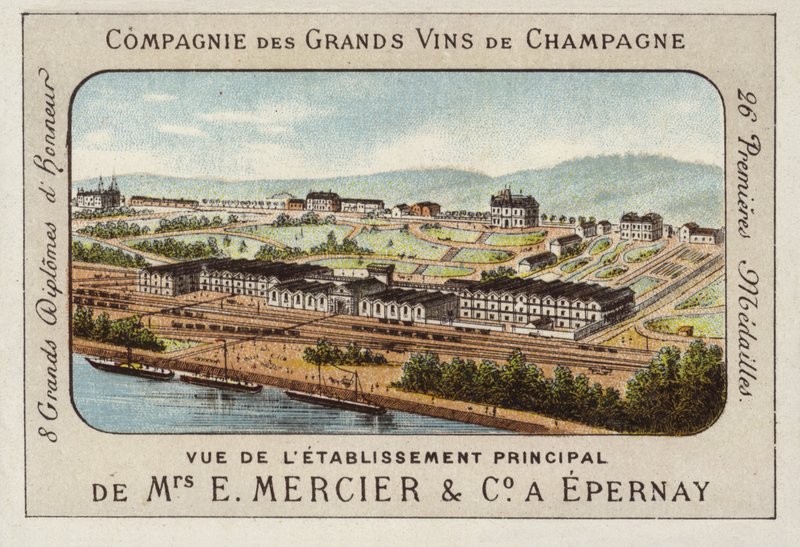 Hovedetablering av E Mercier und Co, Champagneprodusenter, Epernay, Frankrike (chromolitho) av French School