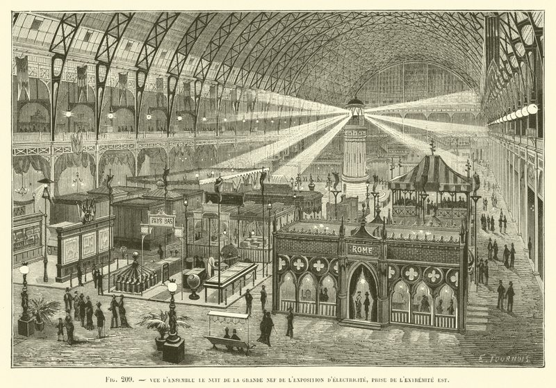General Night View of the Great Nave of the Electricity Exhibition, tatt fra East End av French School