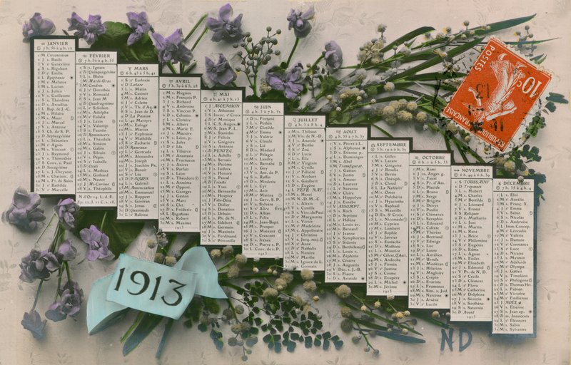 1913 kalender. Postkort sendt i 1913. av French Photographer