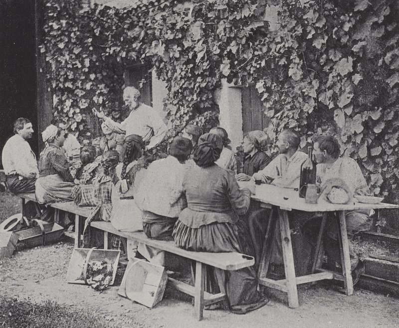 Drueplukkere spiser lunsj (s/hvitt-bilde) av French Photographer