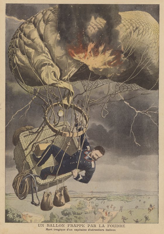 En ballong truffet av lynnedslag (farge litho) av French School
