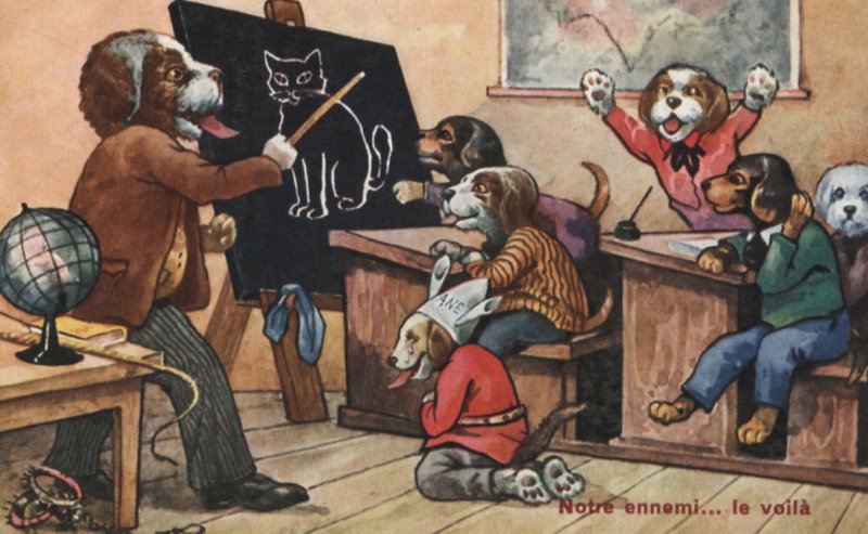 Et klasserom med hunder (farge litho) av French School
