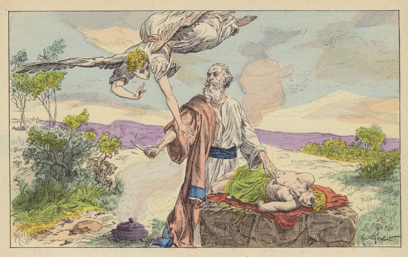 Abrahams offer av Isak (farge litho) av French School