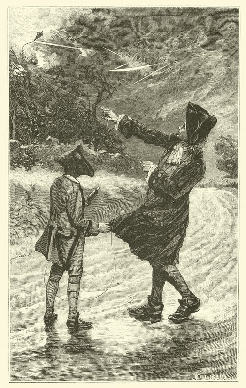 Benjamin Franklin flyr dragen sin (gravering) av French School
