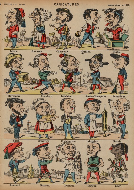 Karikaturer (farget gravering) av French School