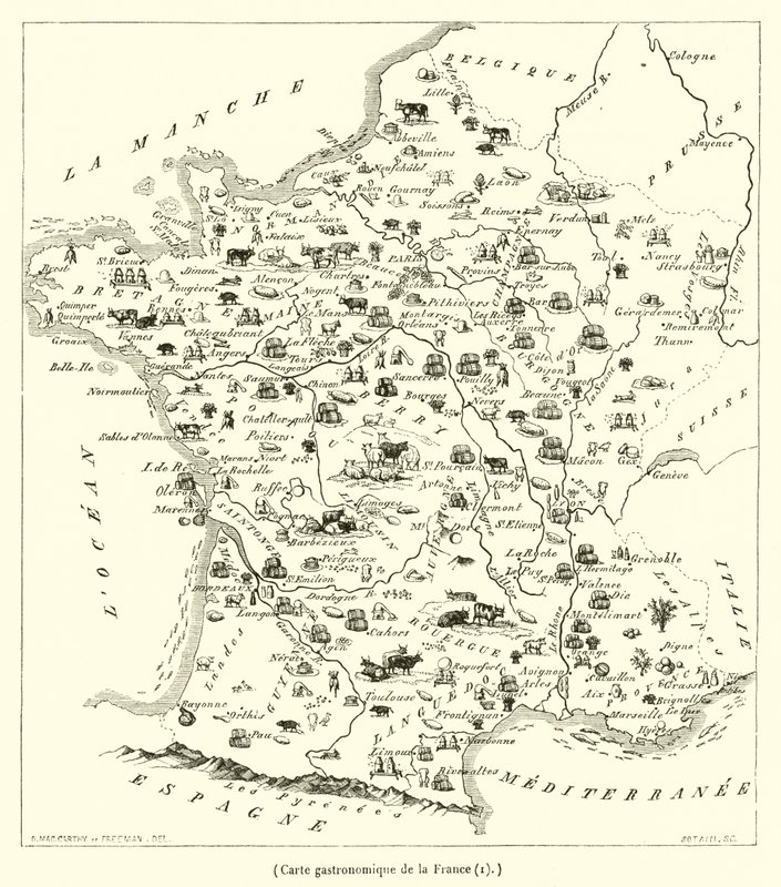 Gastronomisk kart over Frankrike (gravering) av French School