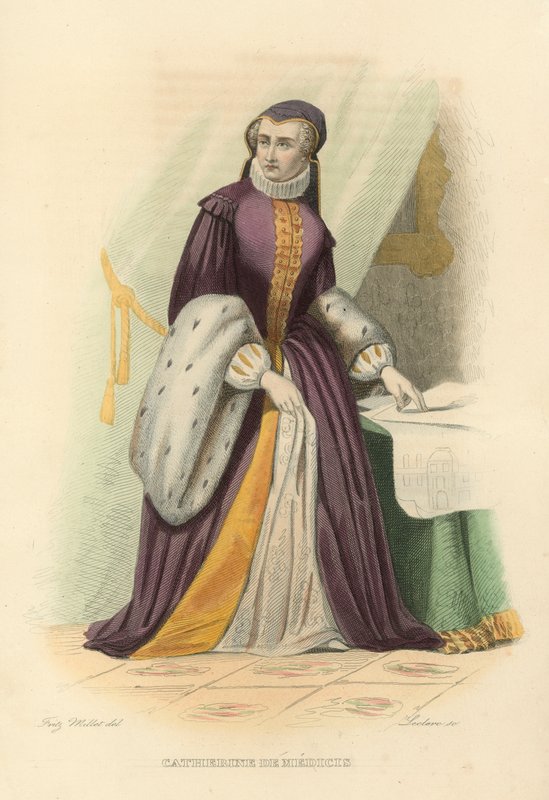 Catherine de Medici (farget gravering) av French School