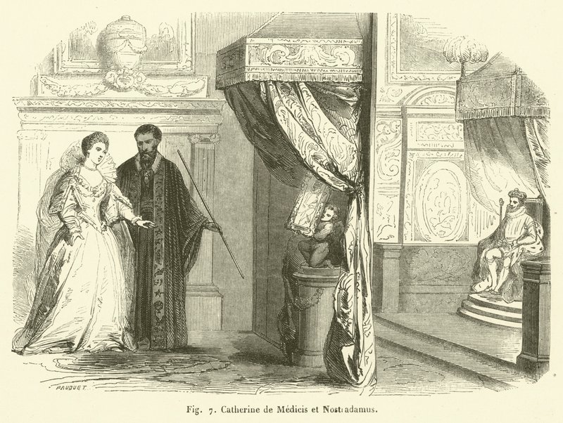 Catherine de Medici og Nostradamus (gravering) av French School