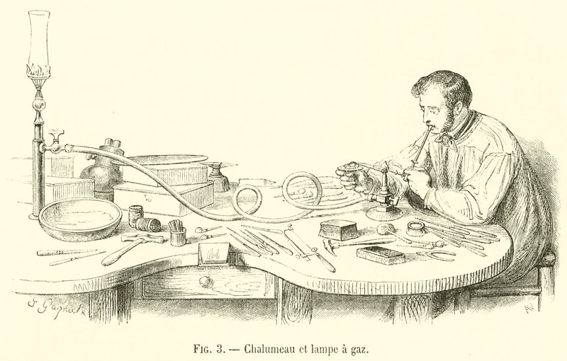 Blåselampe og gasslampe (gravering) av French School