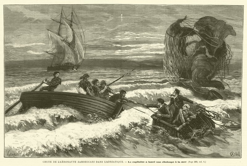 Fall Of Aeronaut Zambeccari i Adriaterhavet (gravering) av French School
