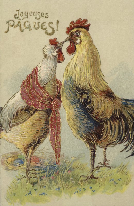 Påskekort med kyllinger (farge litho) av French School