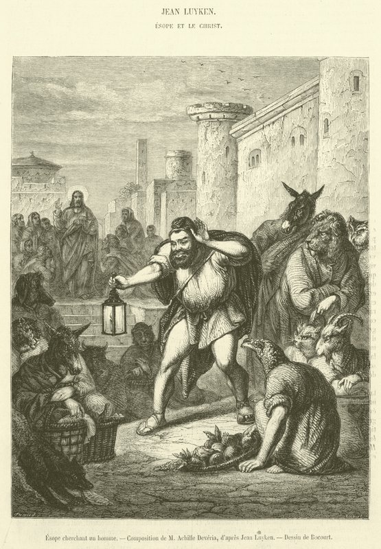 Aesop leter etter en mann (gravering) av French School