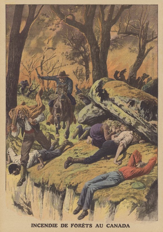 Skogbrann i Canada (farge litho) av French School