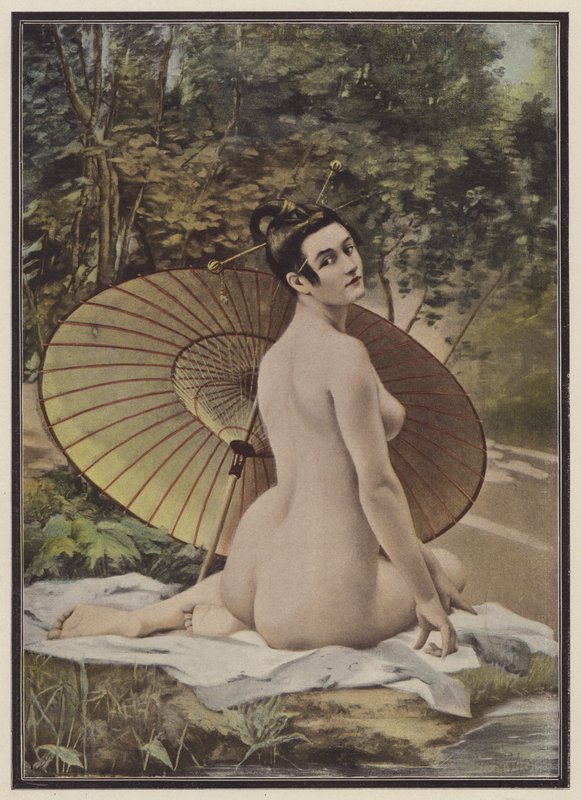Geisha som tar et bad (farge litho) av French School