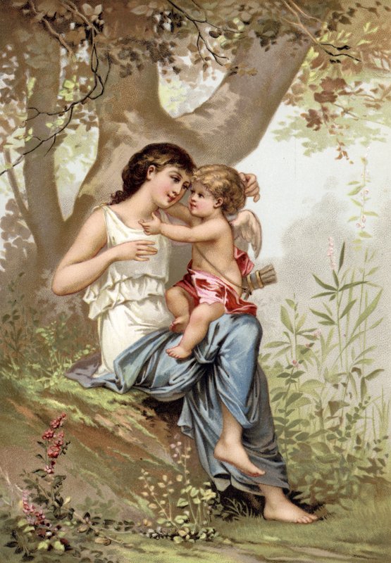 Jente, muligens Venus, med Amor av French School