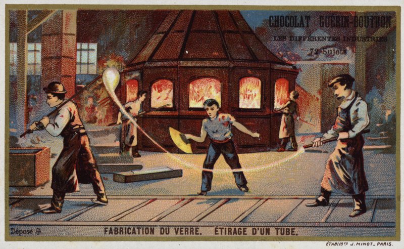 Glass produksjon. Å trekke ut et rør (chromolitho) av French School