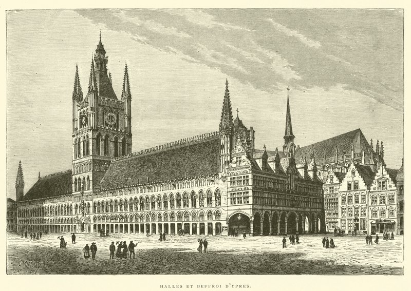 Haller og klokketårn i Ypres (gravering) av French School