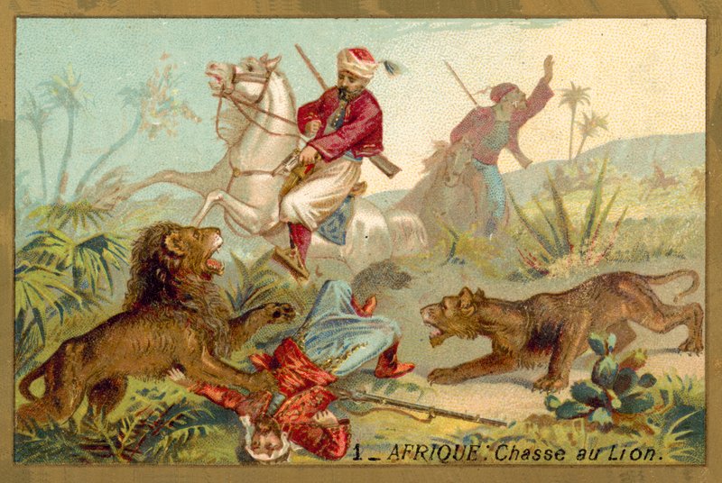 Jakt på løve i Afrika (chromolitho) av French School