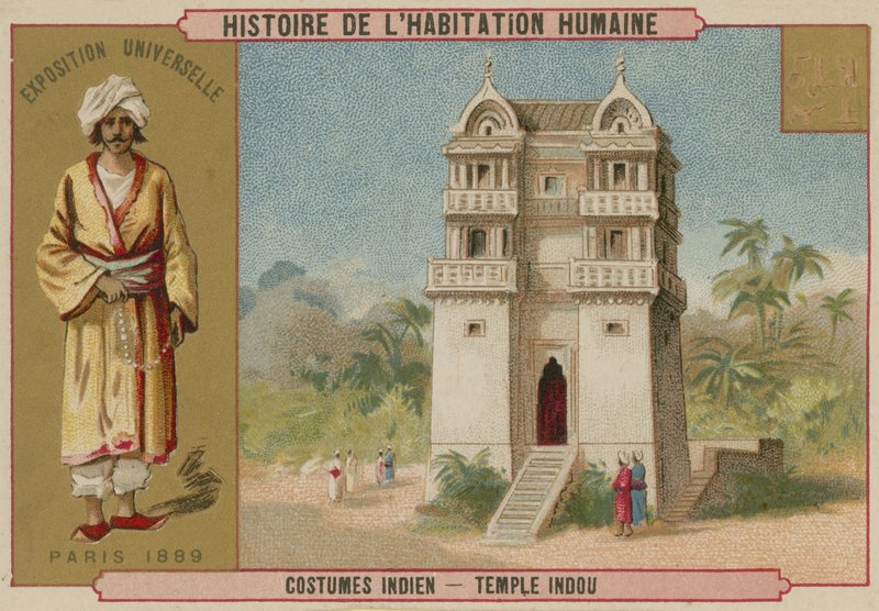 Indisk kostyme og et hinduistisk tempel av French School