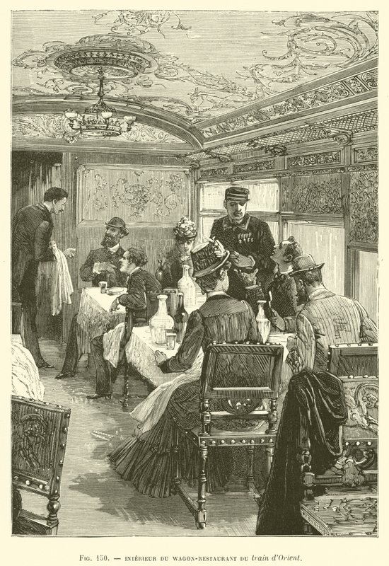 Interiør i Wagon-Restaurant of the Orient-toget (gravering) av French School