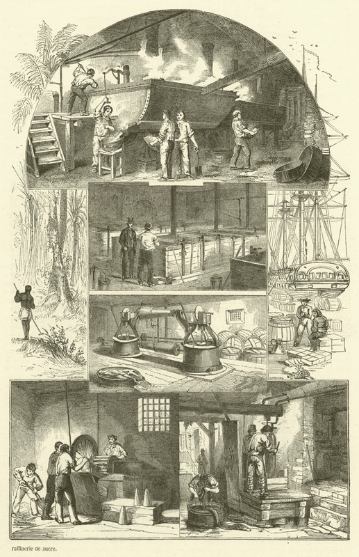 Interiør i et sukkerraffineri (gravering) av French School