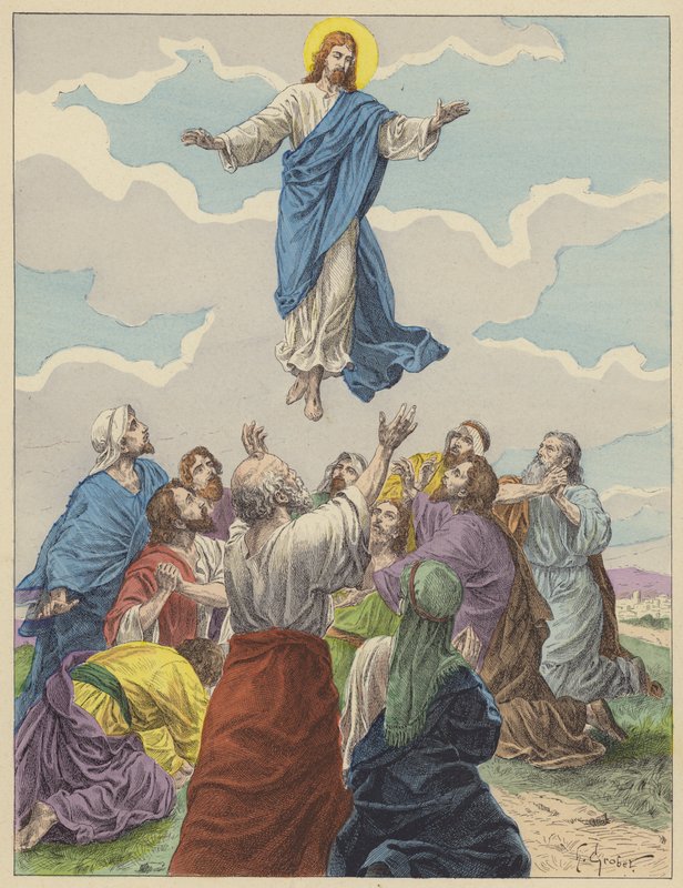 Jesus Kristus, himmelfarten (farge litho) av French School