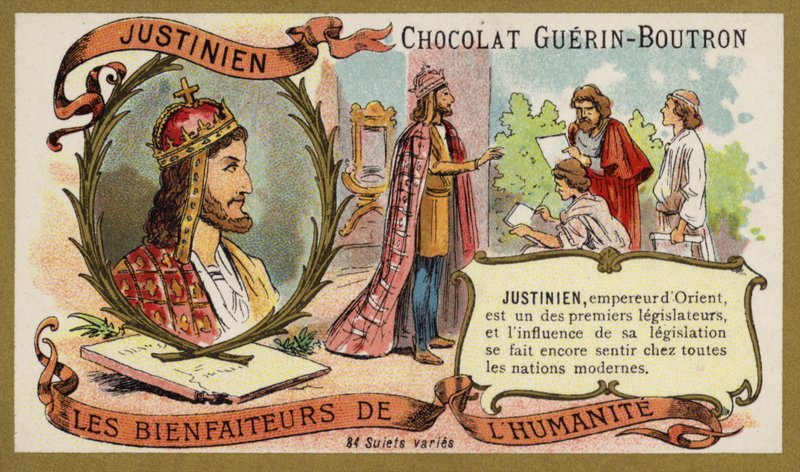 Justinian I, bysantinsk keiser (chromolitho) av French School