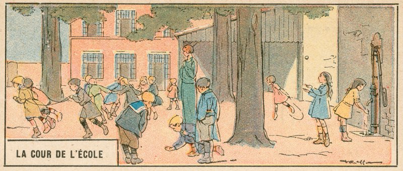 Skolegården (farge litho) av French School