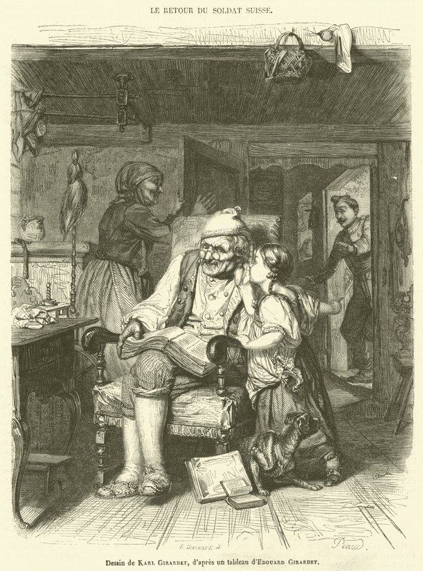 Den sveitsiske soldats retur (gravering) av French School