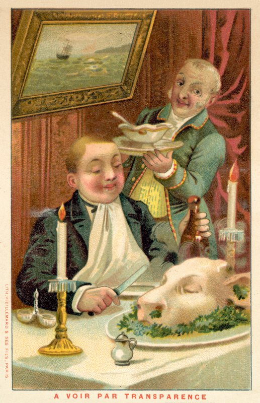 Mann spiser middag (chromolitho) av French School