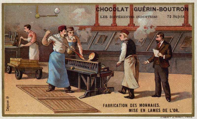 Produksjon av mynter (chromolitho) av French School