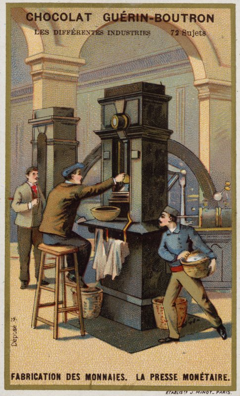 Produksjon av mynter. Myntpress (chromolitho) av French School