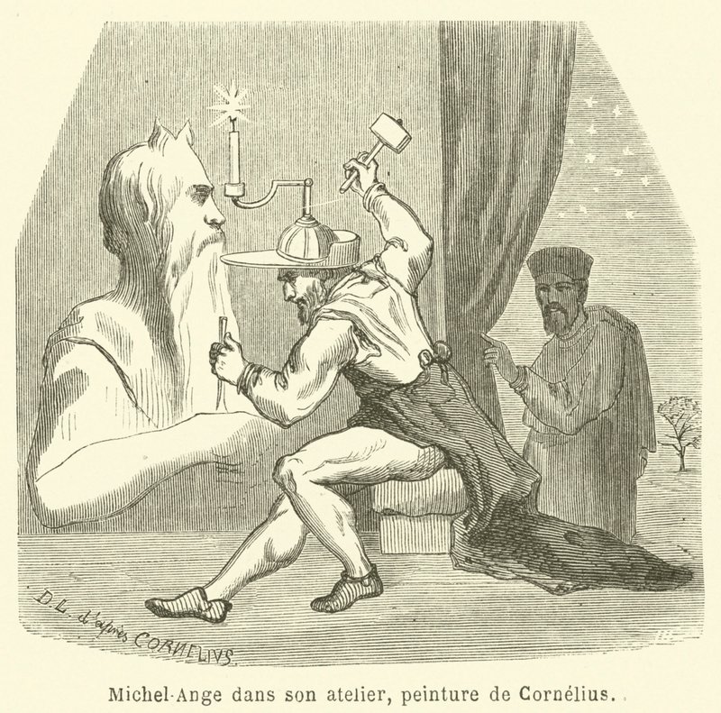 Michelangelo i studioet hans (gravering) av French School
