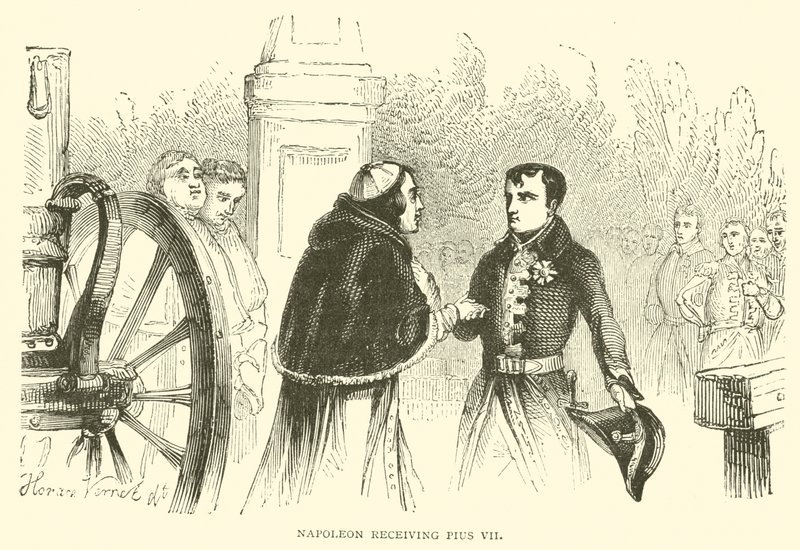 Napoleon mottar Pius VII (gravering) av French School