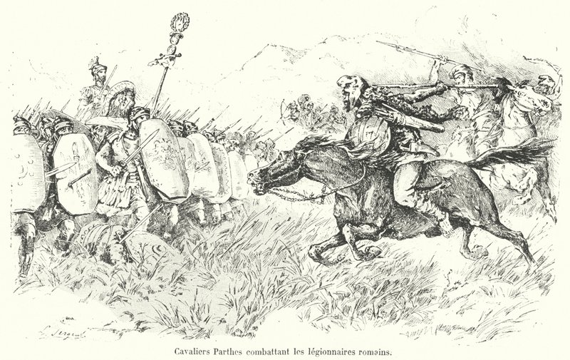 Parthisk kavaleri angriper romerske legionærer (gravering) av French School