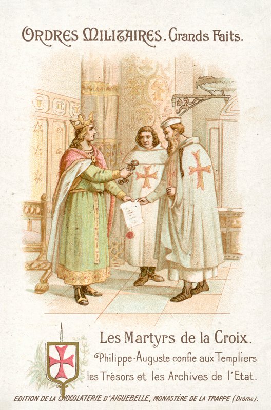 Philip Augustus belønner tempelridderne (chromolitho) av French School