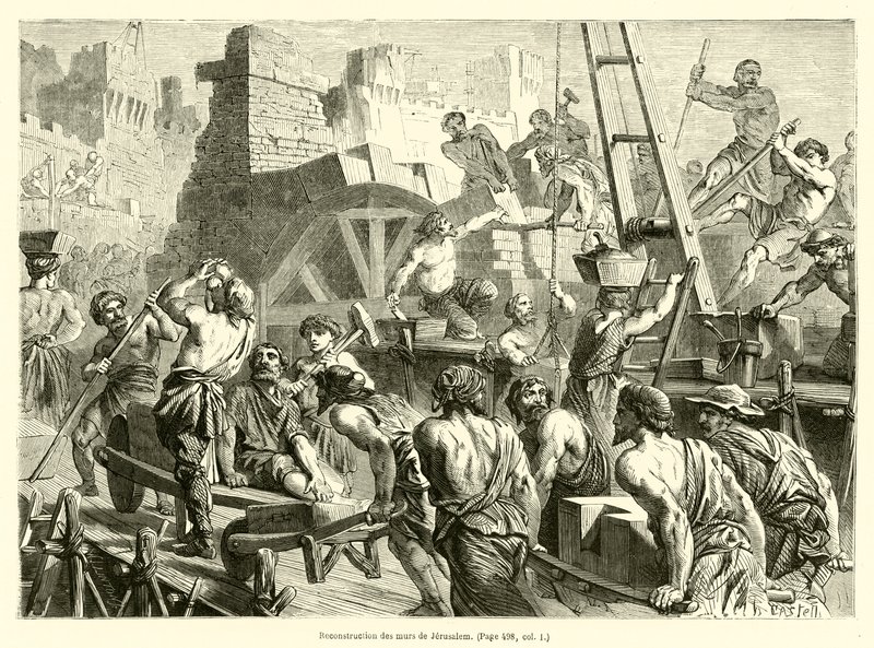 Rekonstruksjon av Jerusalems murer (gravering) av French School